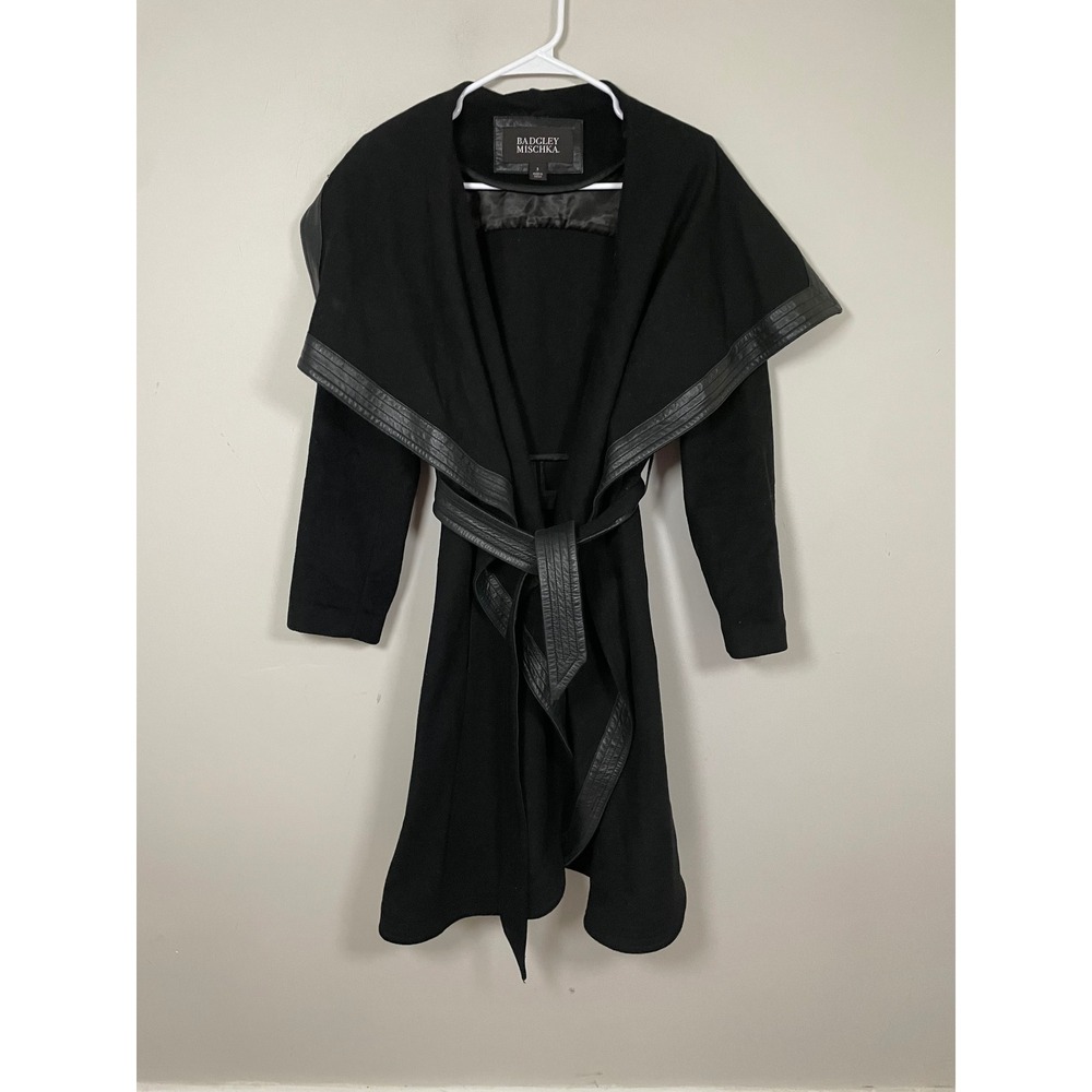 Badgley Mischka Black Wool Wrap Coat with Leather Trim and Belt Size Small